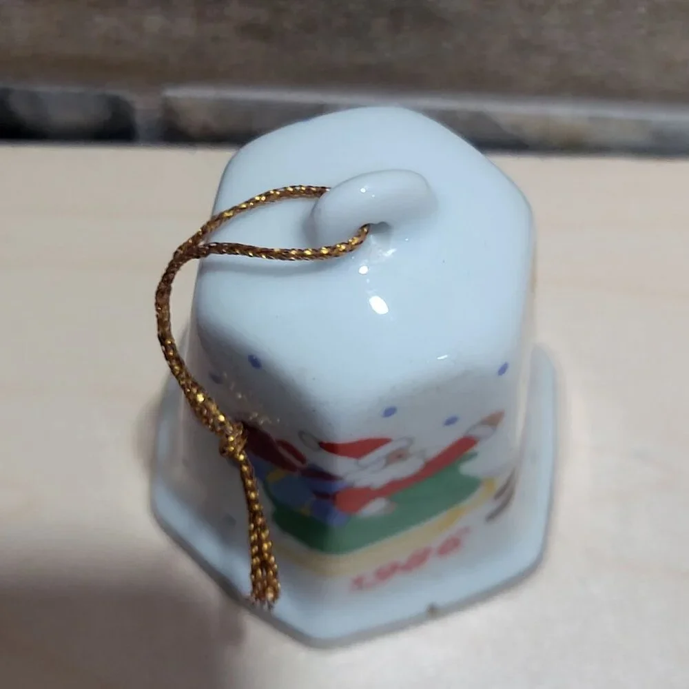Vintage Lillian Vernon Christmas Hexagon Bell Ornament 1986 Gold Trim